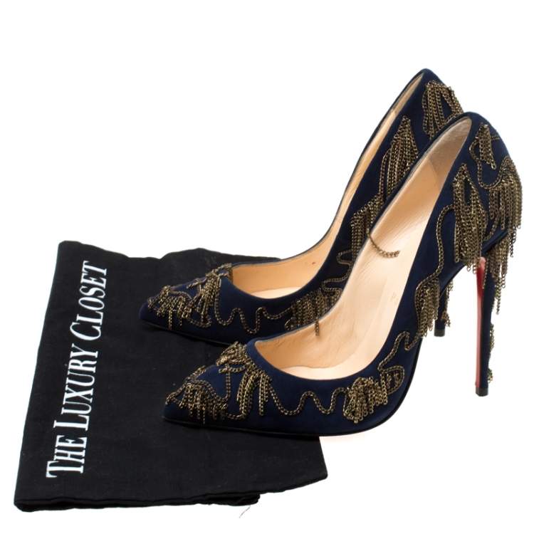 Pre Owned Christian Louboutin Blue Suede Doly Party Chain Embellished Pointed Toe Pumps Size 38.5
