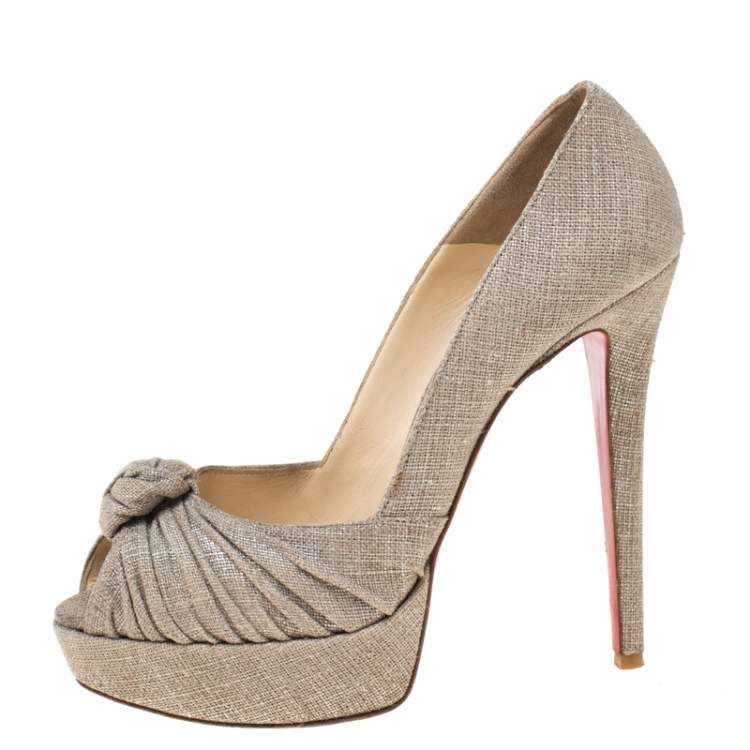 Pre Owned Christian Louboutin Beige Canvas Artesur Knotted Peep Toe Platform Pumps Size 39
