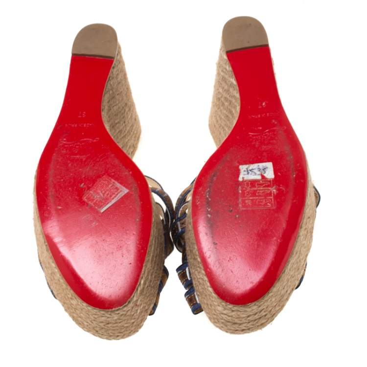 Pre Owned Christian Louboutin Two Tone Buckle Printed Satin Strappy Wedge Espadrille Platform Sandals Size 37