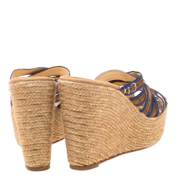 Pre Owned Christian Louboutin Two Tone Buckle Printed Satin Strappy Wedge Espadrille Platform Sandals Size 37