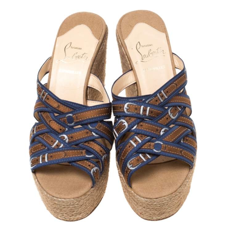Pre Owned Christian Louboutin Two Tone Buckle Printed Satin Strappy Wedge Espadrille Platform Sandals Size 37