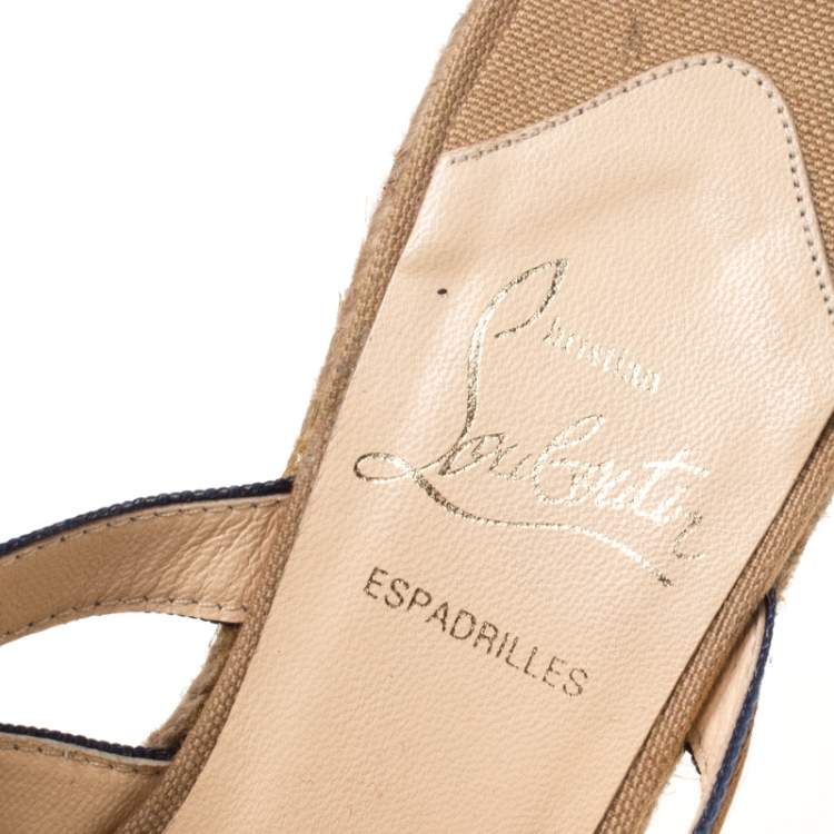 Pre Owned Christian Louboutin Two Tone Buckle Printed Satin Strappy Wedge Espadrille Platform Sandals Size 37
