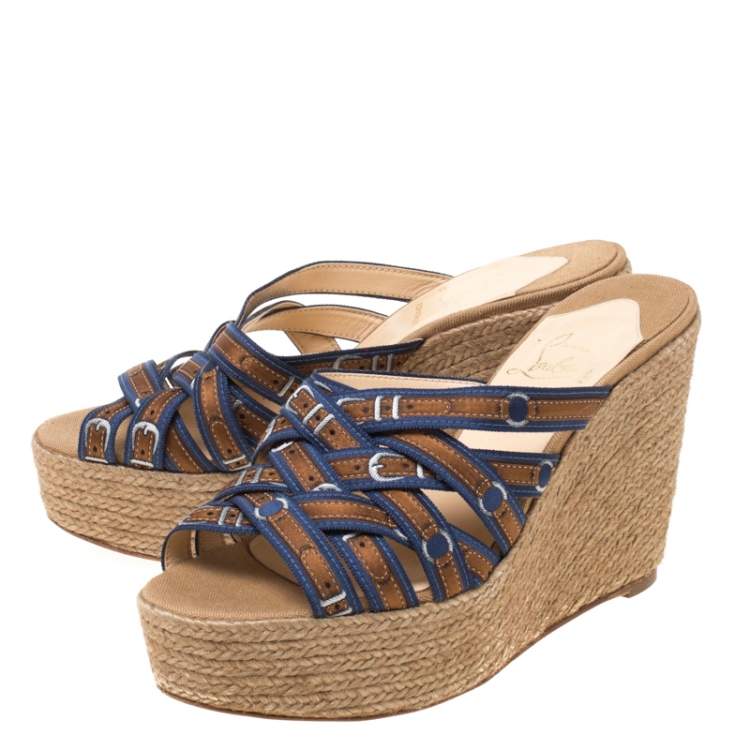 Pre Owned Christian Louboutin Two Tone Buckle Printed Satin Strappy Wedge Espadrille Platform Sandals Size 37