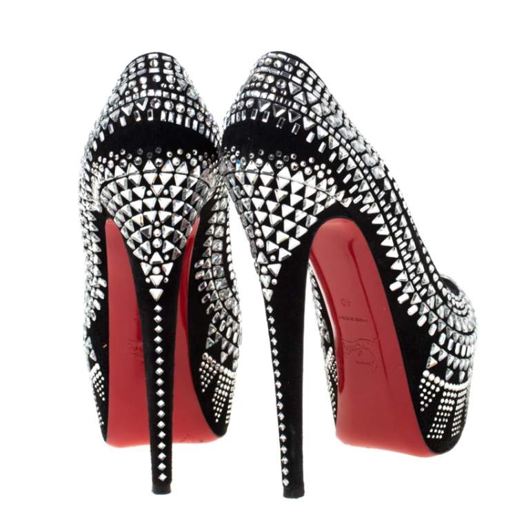 Pre Owned Christian Louboutin Black Suede Decora Strass Platform Pumps Size 40