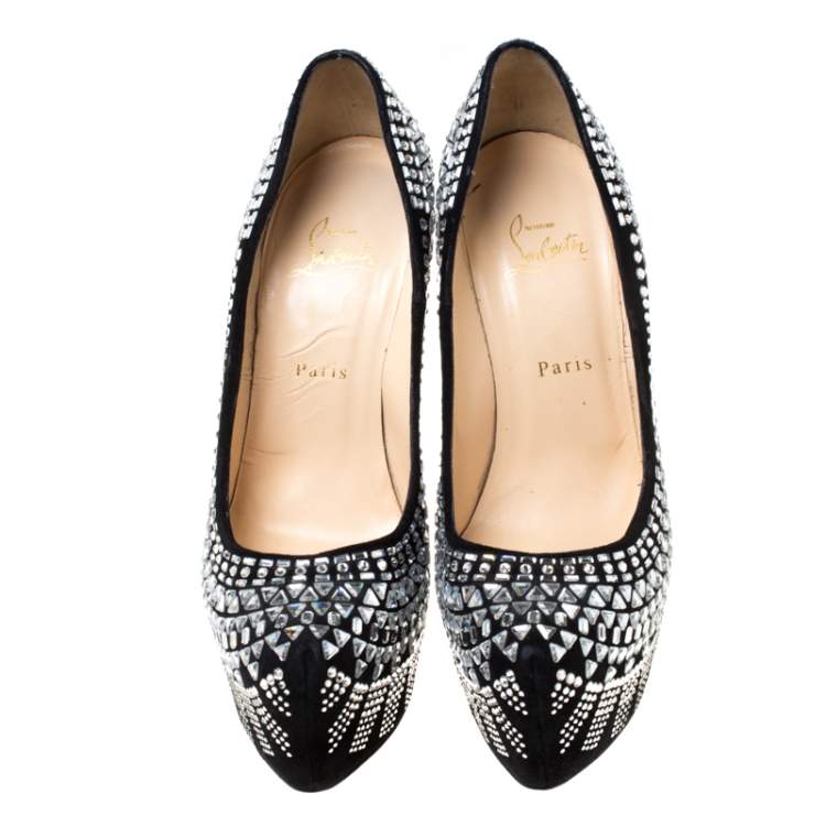 Pre Owned Christian Louboutin Black Suede Decora Strass Platform Pumps Size 40