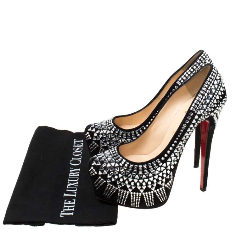 Pre Owned Christian Louboutin Black Suede Decora Strass Platform Pumps Size 40