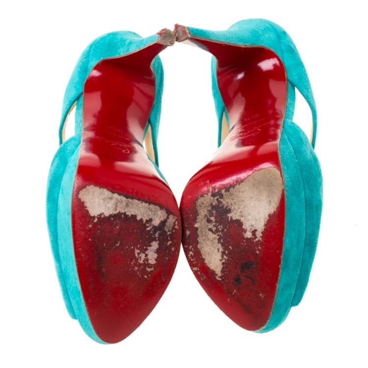 Pre Owned Christian Louboutin Turquoise Suede Lady Corset Criss Cross Platform Pumps Size 36.5