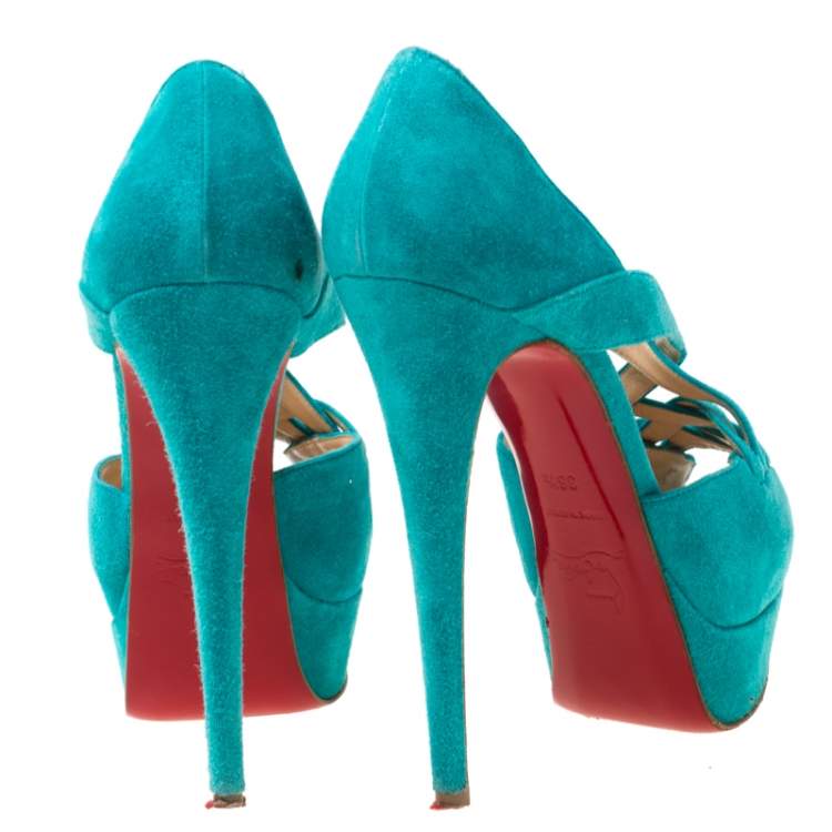 Pre Owned Christian Louboutin Turquoise Suede Lady Corset Criss Cross Platform Pumps Size 36.5