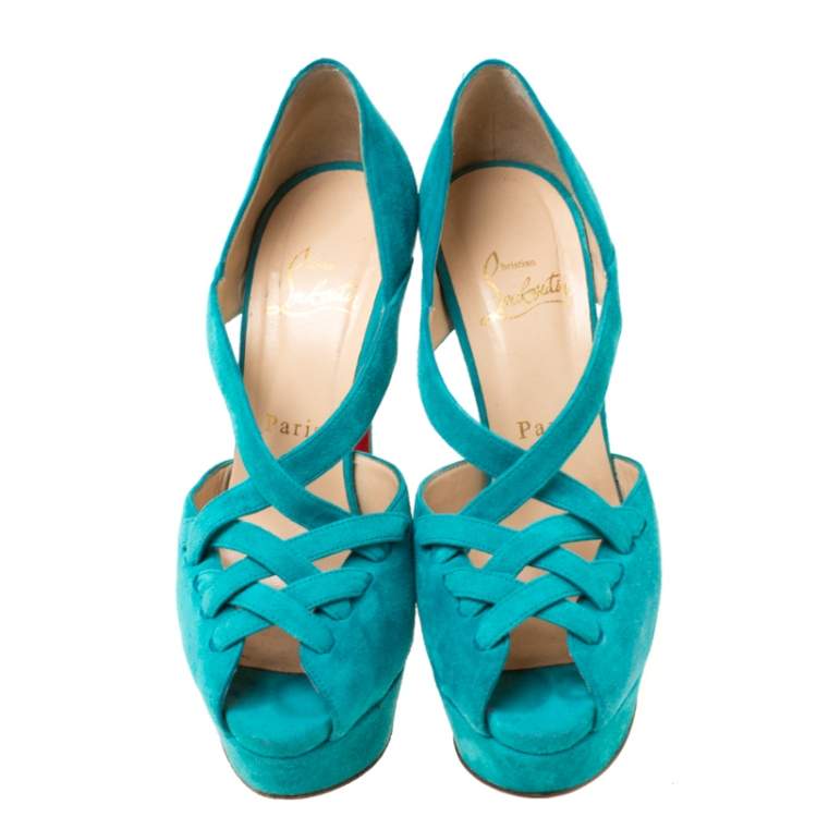 Pre Owned Christian Louboutin Turquoise Suede Lady Corset Criss Cross Platform Pumps Size 36.5