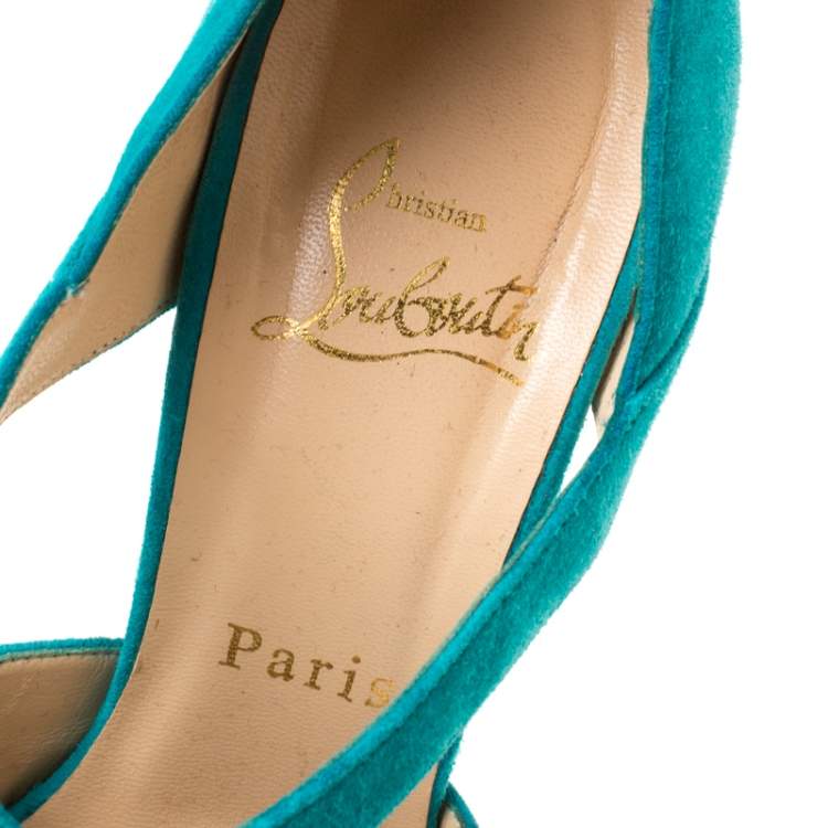Pre Owned Christian Louboutin Turquoise Suede Lady Corset Criss Cross Platform Pumps Size 36.5