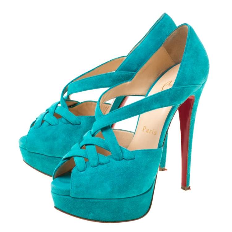 Pre Owned Christian Louboutin Turquoise Suede Lady Corset Criss Cross Platform Pumps Size 36.5