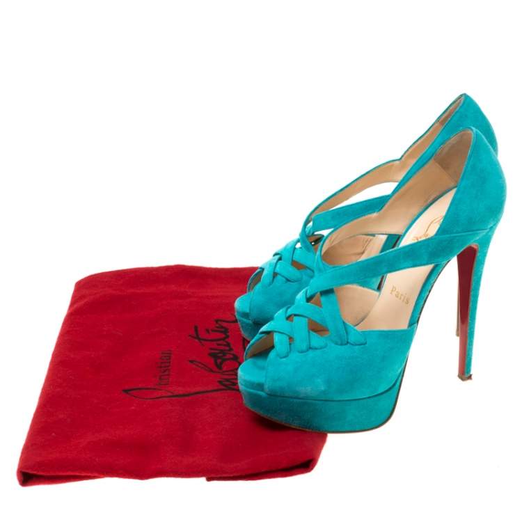 Pre Owned Christian Louboutin Turquoise Suede Lady Corset Criss Cross Platform Pumps Size 36.5