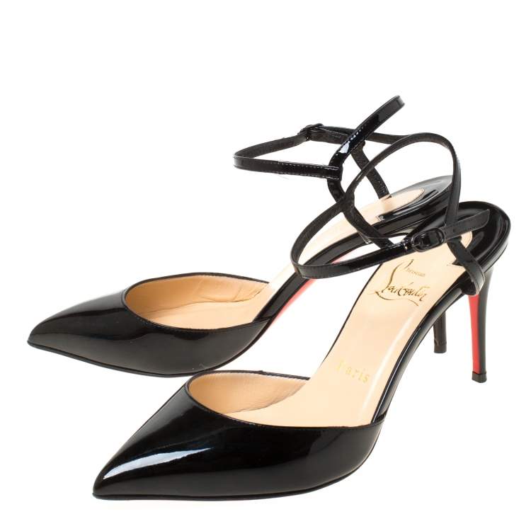 Pre Owned Christian Louboutin Black Patent Leather Rivierina Ankle Strap Sandals Size 36.5