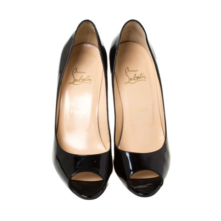 Pre Owned Christian Louboutin Black Patent Leather Flo Peep Toe Pumps Size 38