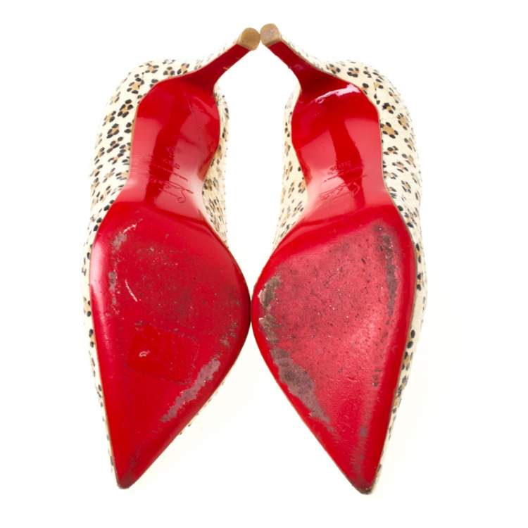 Pre Owned Christian Louboutin Cream/Black Cheetah Print Snakeskin So Kate Pointed Toe Pumps Size 38.5