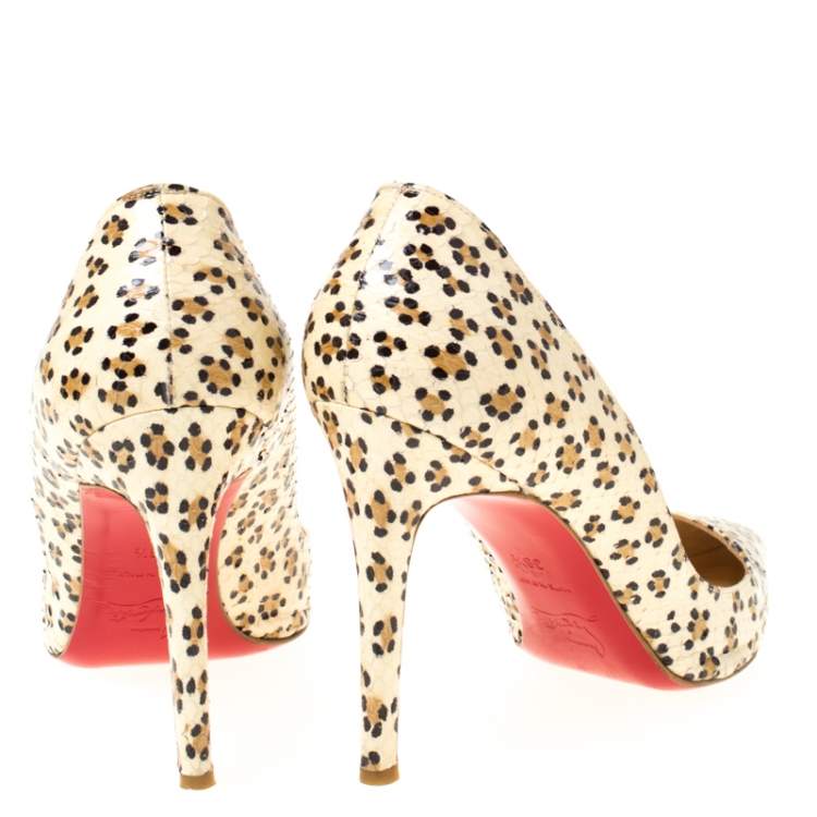 Pre Owned Christian Louboutin Cream/Black Cheetah Print Snakeskin So Kate Pointed Toe Pumps Size 38.5