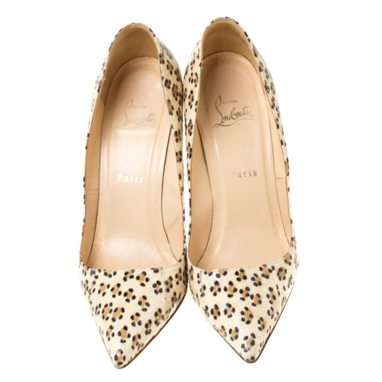 Pre Owned Christian Louboutin Cream/Black Cheetah Print Snakeskin So Kate Pointed Toe Pumps Size 38.5