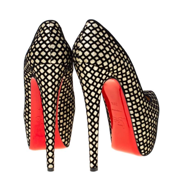 Pre Owned Christian Louboutin Black/Gold Glitter Floque and Suede Daffodile Platform Pumps Size 38.5