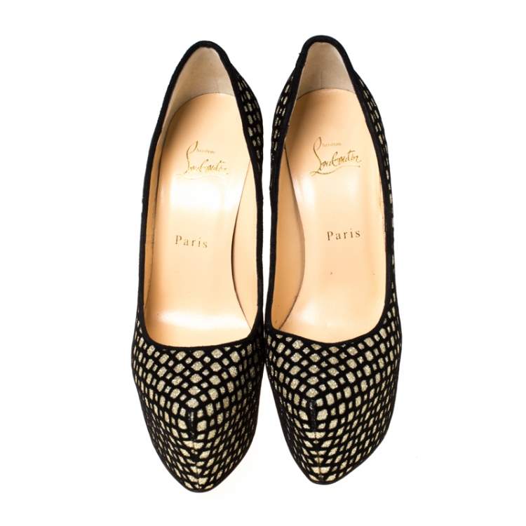 Pre Owned Christian Louboutin Black/Gold Glitter Floque and Suede Daffodile Platform Pumps Size 38.5