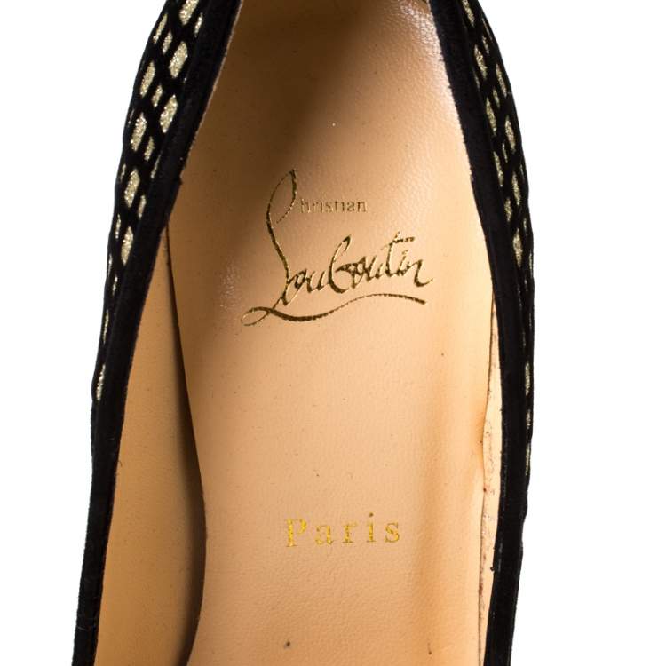 Pre Owned Christian Louboutin Black/Gold Glitter Floque and Suede Daffodile Platform Pumps Size 38.5