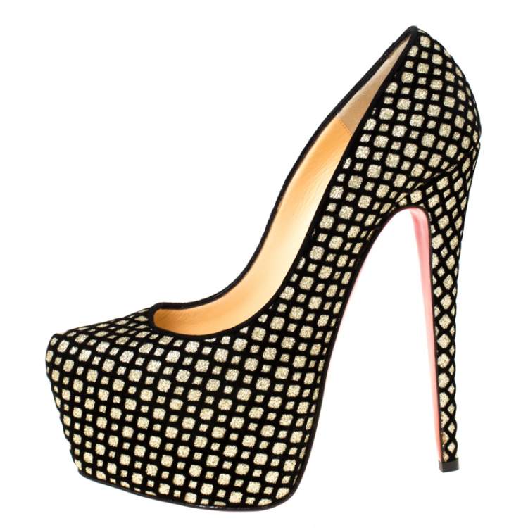 Pre Owned Christian Louboutin Black/Gold Glitter Floque and Suede Daffodile Platform Pumps Size 38.5