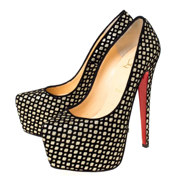 Pre Owned Christian Louboutin Black/Gold Glitter Floque and Suede Daffodile Platform Pumps Size 38.5