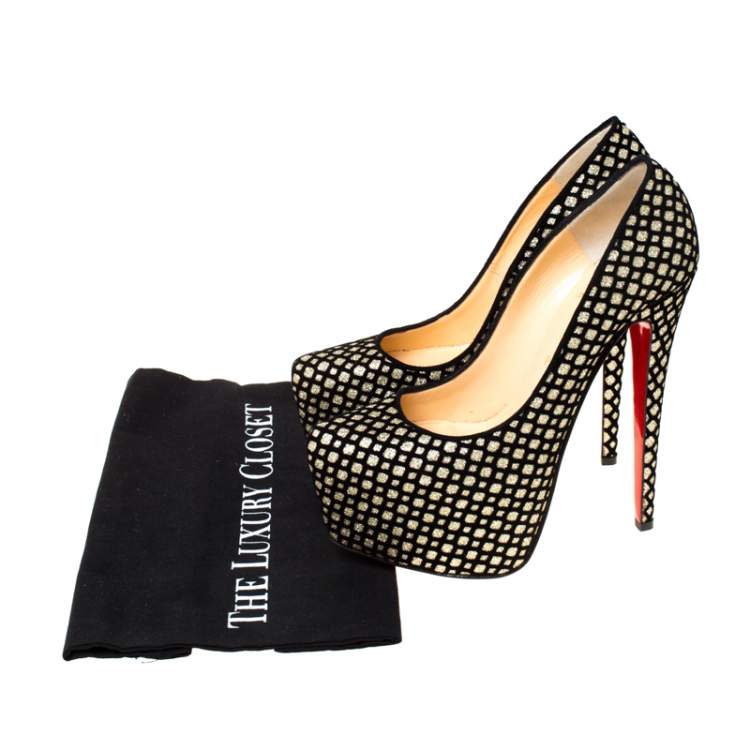 Pre Owned Christian Louboutin Black/Gold Glitter Floque and Suede Daffodile Platform Pumps Size 38.5