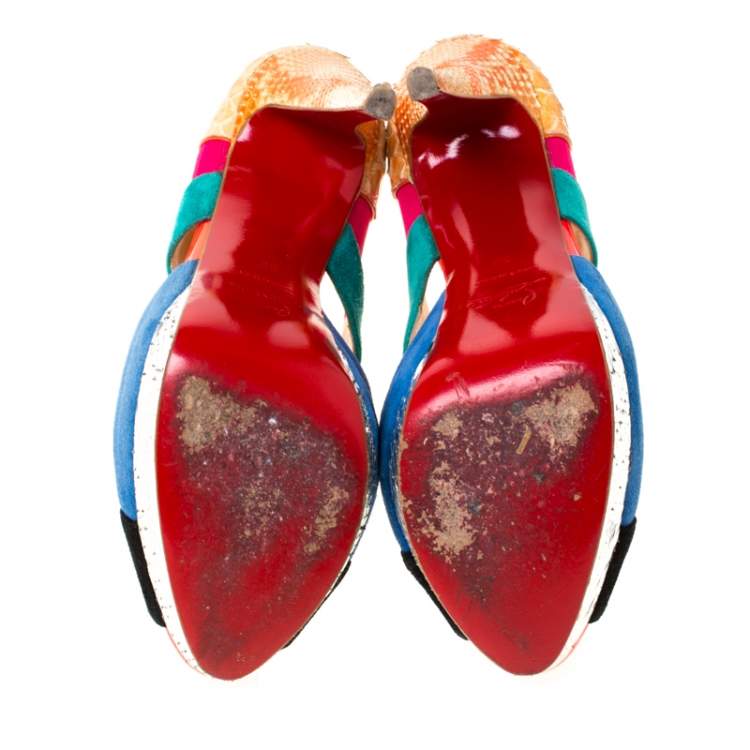 Pre Owned Christian Louboutin Multicolor Suede and Python Pitou Cut Out Platform Pumps Size 38
