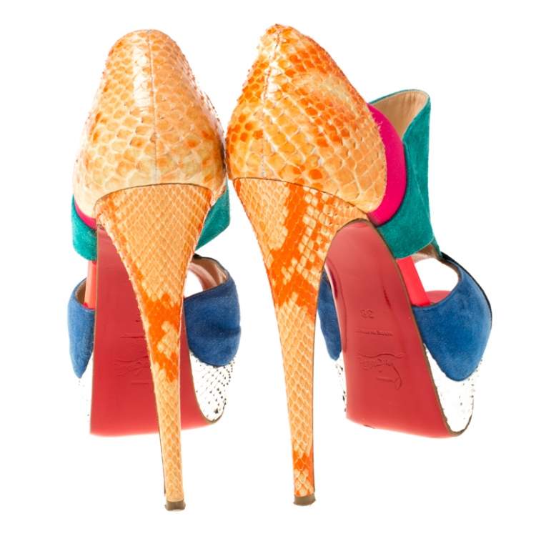 Pre Owned Christian Louboutin Multicolor Suede and Python Pitou Cut Out Platform Pumps Size 38