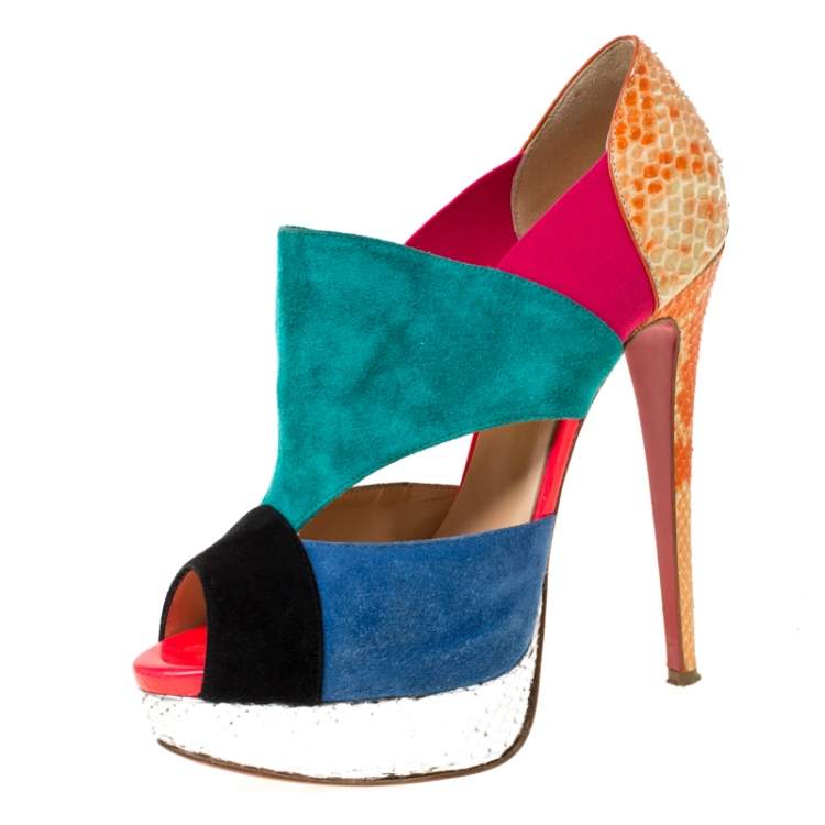 Pre Owned Christian Louboutin Multicolor Suede and Python Pitou Cut Out Platform Pumps Size 38