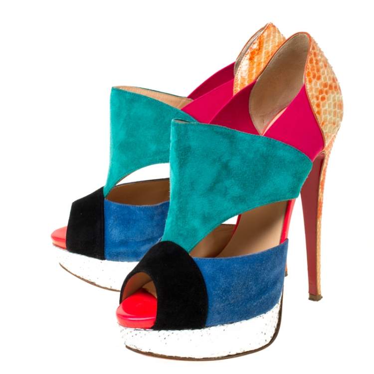 Pre Owned Christian Louboutin Multicolor Suede and Python Pitou Cut Out Platform Pumps Size 38