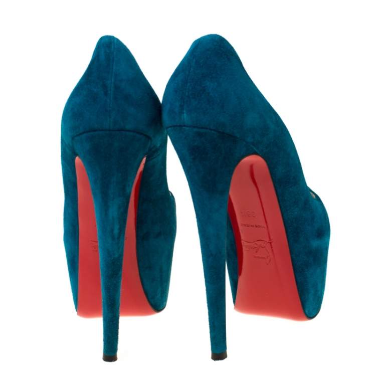Pre Owned Christian Louboutin Teal Green Suede Daffodile Platform Pumps Size 38.5