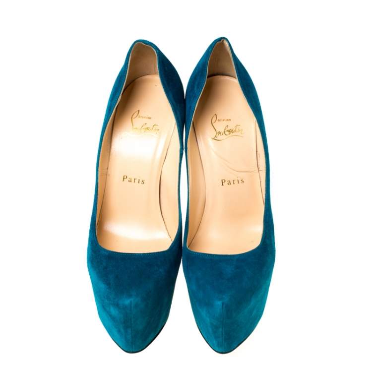 Pre Owned Christian Louboutin Teal Green Suede Daffodile Platform Pumps Size 38.5