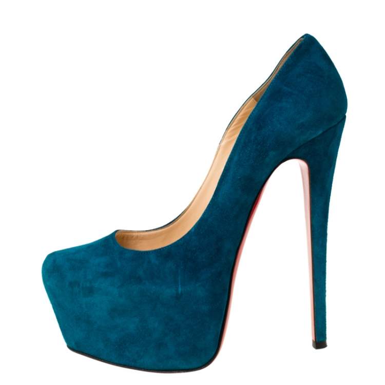Pre Owned Christian Louboutin Teal Green Suede Daffodile Platform Pumps Size 38.5