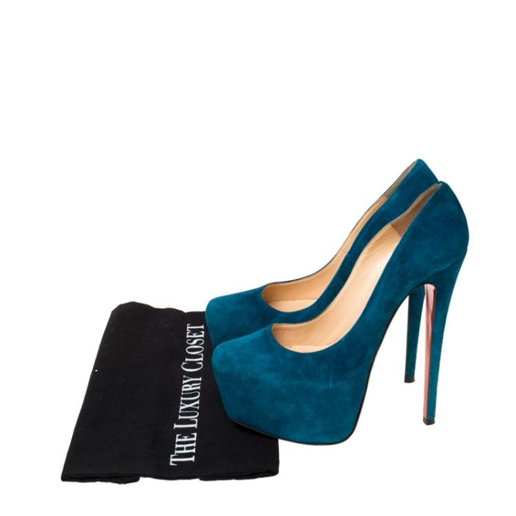 Pre Owned Christian Louboutin Teal Green Suede Daffodile Platform Pumps Size 38.5