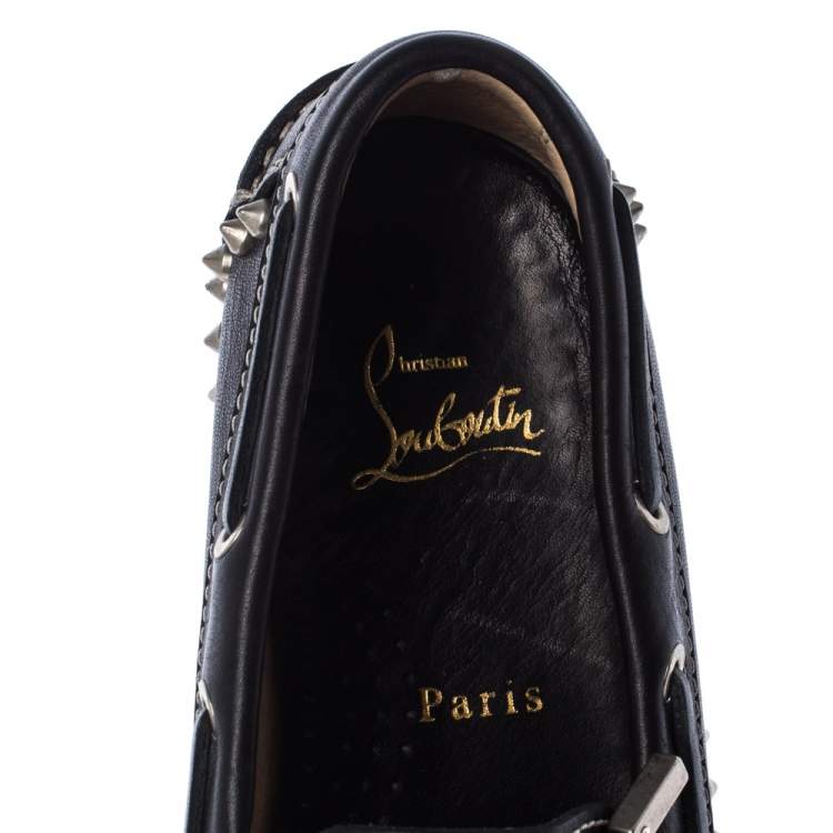 Pre Owned Christian Louboutin Black Leather Steckel Spike Boat Loafers Size 38.5