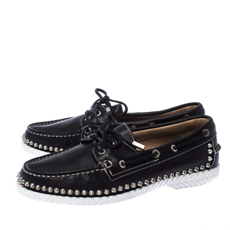 Pre Owned Christian Louboutin Black Leather Steckel Spike Boat Loafers Size 38.5