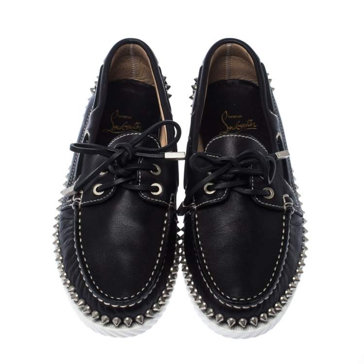 Pre Owned Christian Louboutin Black Leather Steckel Spike Boat Loafers Size 38.5