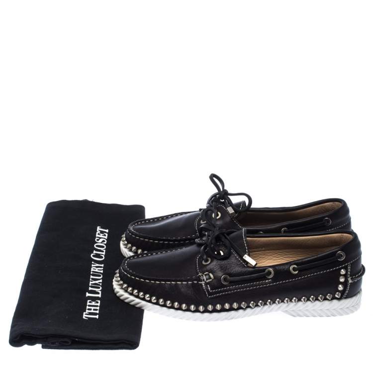 Pre Owned Christian Louboutin Black Leather Steckel Spike Boat Loafers Size 38.5