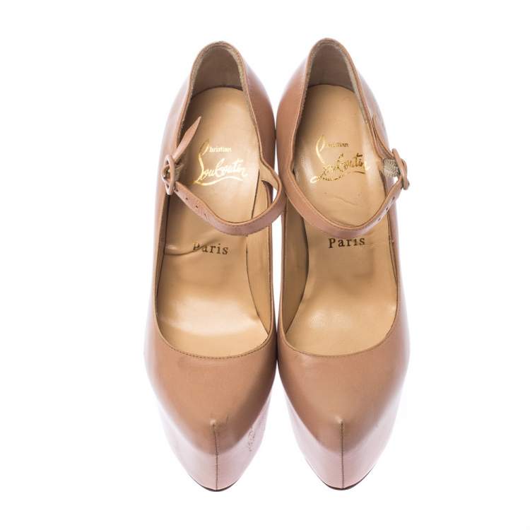 Pre Owned Christian Loubouton Beige Leather Daffodile Mary Jane Pumps Size 35.5