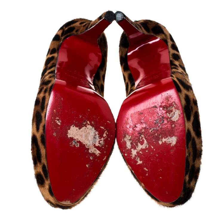 مملوكة مسبقًا Christian Louboutin Brown/Beige Leopard Print Pony Hair Platform Booties Size 37
