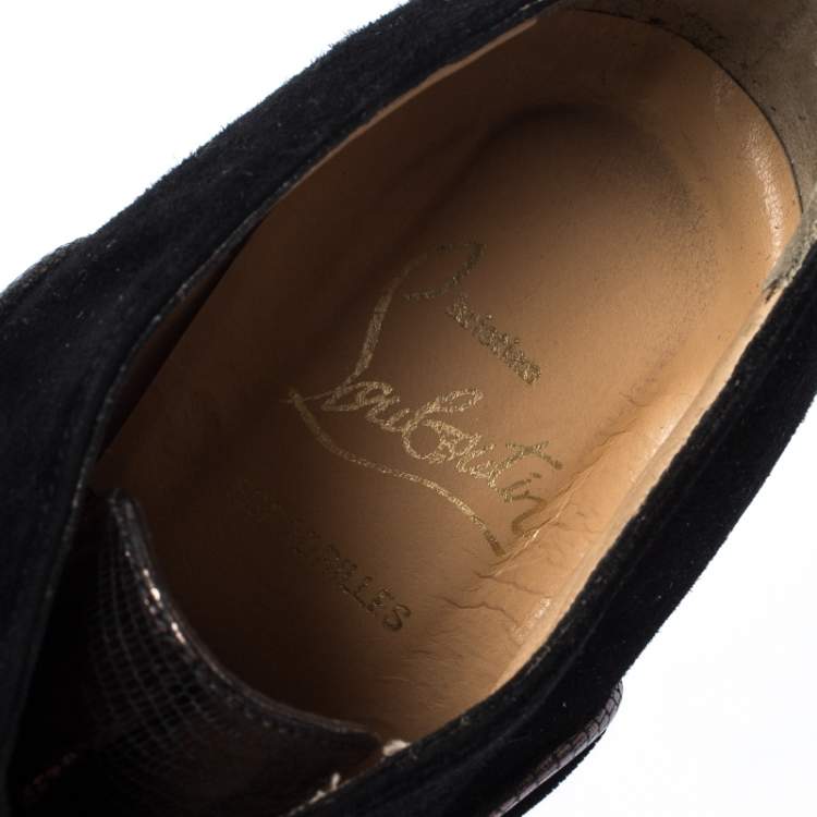 Pre Owned Christian Louboutin Black Velvet and Suede Lace Espadrilles Wedge Booties Size 36.5