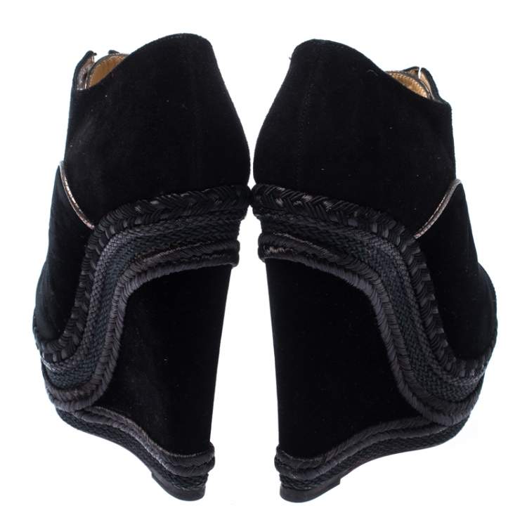 Pre Owned Christian Louboutin Black Velvet and Suede Lace Espadrilles Wedge Booties Size 36.5