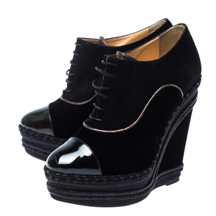 Pre Owned Christian Louboutin Black Velvet and Suede Lace Espadrilles Wedge Booties Size 36.5
