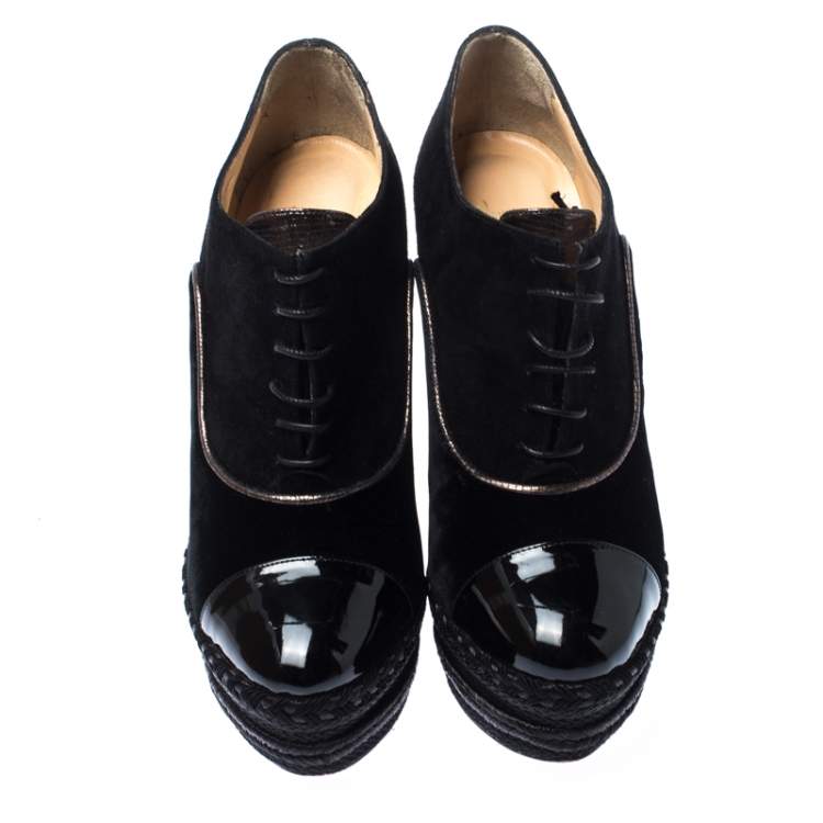 Pre Owned Christian Louboutin Black Velvet and Suede Lace Espadrilles Wedge Booties Size 36.5