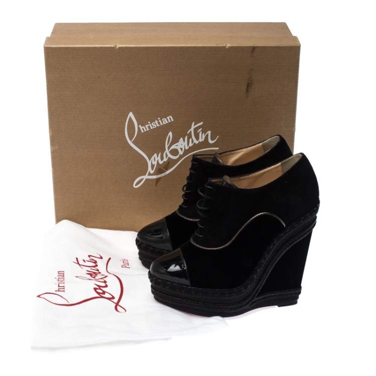 Pre Owned Christian Louboutin Black Velvet and Suede Lace Espadrilles Wedge Booties Size 36.5