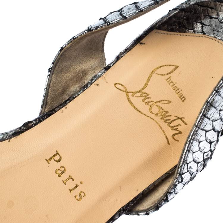 Pre Owned Christian Louboutin Silver/Black Python Slingback Flats Size 36.5