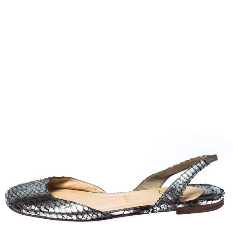 Pre Owned Christian Louboutin Silver/Black Python Slingback Flats Size 36.5