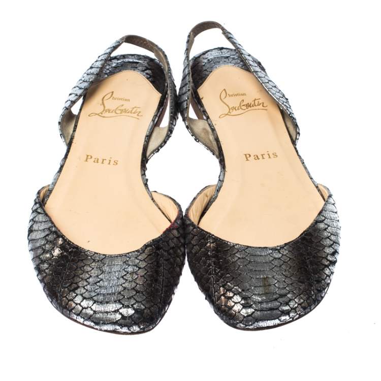 Pre Owned Christian Louboutin Silver/Black Python Slingback Flats Size 36.5