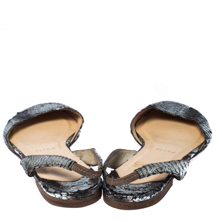Pre Owned Christian Louboutin Silver/Black Python Slingback Flats Size 36.5